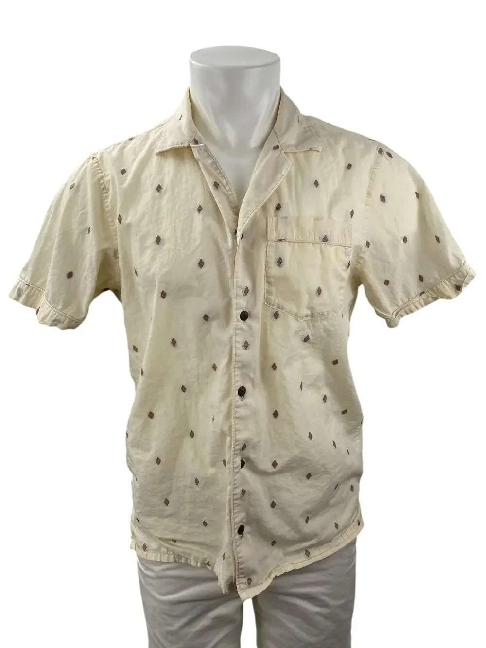 Scotch & Soda Men's Cream Argyle Short Sleeve Pocket Button Down Shirt Top Sz S